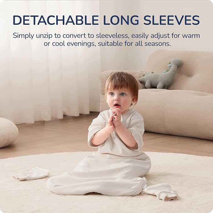 Baby Sleep Sack 18–24 Months, Cotton Sleep Sack with Detachable Long Sleeves, 1.0 TOG Wearable Blanket for Cooler Nights, 2-Way Zipper Toddler Sleeping Sack with Temperature Strip, Beige