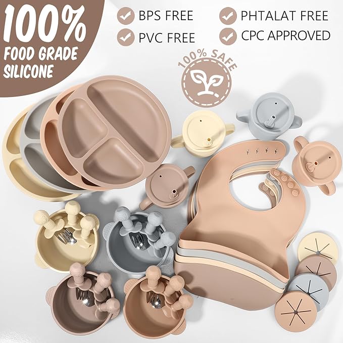 Yinder 32 Pack Silicone Baby Feeding Set Baby LED Weaning Supplies Includes Suction Divided Plates Soft Bowl Spoons Forks Adjustable Bib Snack Cup with Lid and Straws (Soft Color)