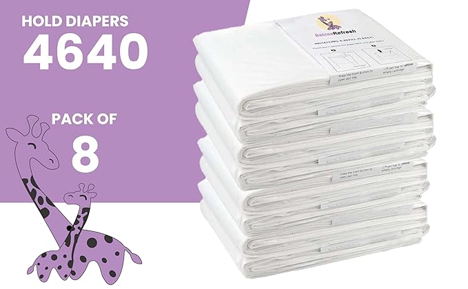 BabiesRefresh Refills Compatible with DEKOR PLUS Diaper Pail Refills | 8 Pack | Diaper Pail Odor Eliminator| Fresh Powder Scent | Each Diaper Bag Refill Holds up to 4640 Diapers | Diaper bin refill