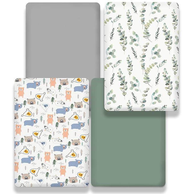 Bimocosy Pack and Play Sheets Fitted 4 Pack, 38 x 26 Inch Pack n Play Mini Crib Sheets for Boys and Girls, Soft Stretchy Playard Mattress Sheets for Graco Pack n Play, Forest Cubs