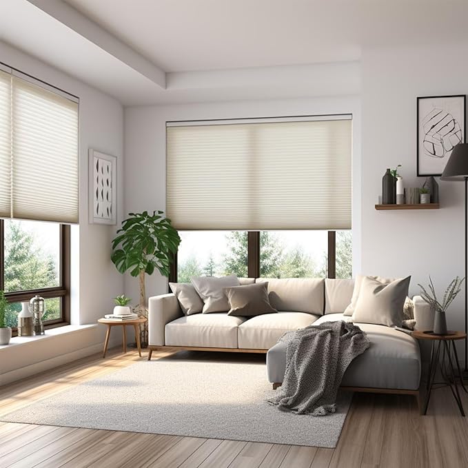 Changshade Cordless Cellular Shades, Light Filtering Honeycomb Shades for Windows, Pull Down Pleated Blinds, Easy to Install for Indoor Windows and French Doors,22" W x 36" H, Beige