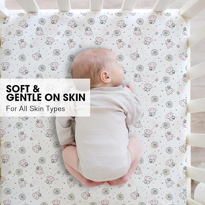 Little Grape Land Crib Sheets 2 Pack for Boys and Girls, Baby Neutral Crib Fitted Sheets for Standard Crib & Toddler Mattress, Super Soft Breathable Fitted Crib Sheet Set, Flying Cow
