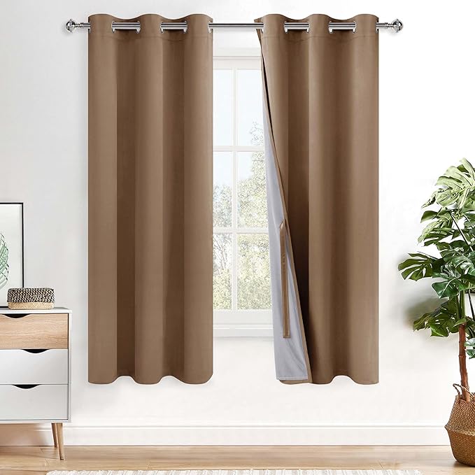 XWZO Complete Blackout Shades Window Curtain Panels with Tiebacks- Noise Reduction and Light Blocking Grommet Curtains with Black Liner for Studio, Basement, Cappuccino, W38 x L63, Set of 2 Panels