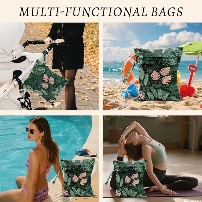 Plant Wet Bags 12x10 Inch, Summer Waterproof Wet Dry Bags, Palm Leaves Reusable Washable Travel Laundry Bag for Swimsuit Beach Diapers Dirty Yoga Gym Clothes, Plant Gifts for Women Friend Travelers