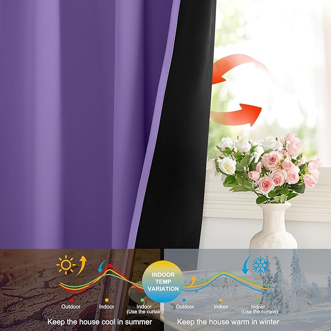 NICETOWN Lilac Purple 100% Blackout Curtains for Bedroom, 52x84 Inches Set of 2 for Living Room, Rod Pocket Back Tab & Noise Reducing Drapes Black Lined Insulated Window Treatment Panels