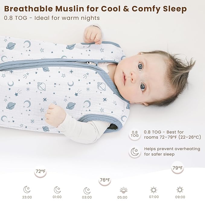 Konssy Muslin Baby Sleep Sack 12-18 Months 0.8 TOG, 2 Pack 100% Cotton Wearable Blanket for Babies, 2-Way Zipper Breathable Sleeping Sack Infant Toddler Essentials for Girls and Boys (Star, Blue)