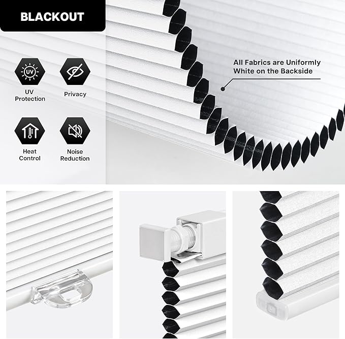 LazBlinds Cordless Cellular Shades, No Tools No Drill Blackout Honeycomb Shades Pleated Blinds for Windows, 47" W x 64" H, Silver White