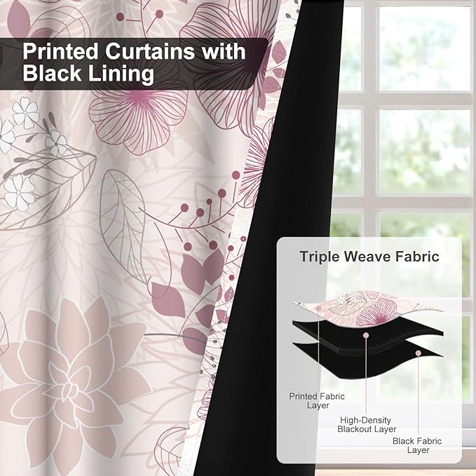 Blackout Curtains for Girls Bedroom, Pink Floral Black Out Curtains for Living Room Nursery 84 Inch Length 2 Panels Set, Room Darkening Grommet Thermal Curtains Farmhouse Soundproof Window Drapes
