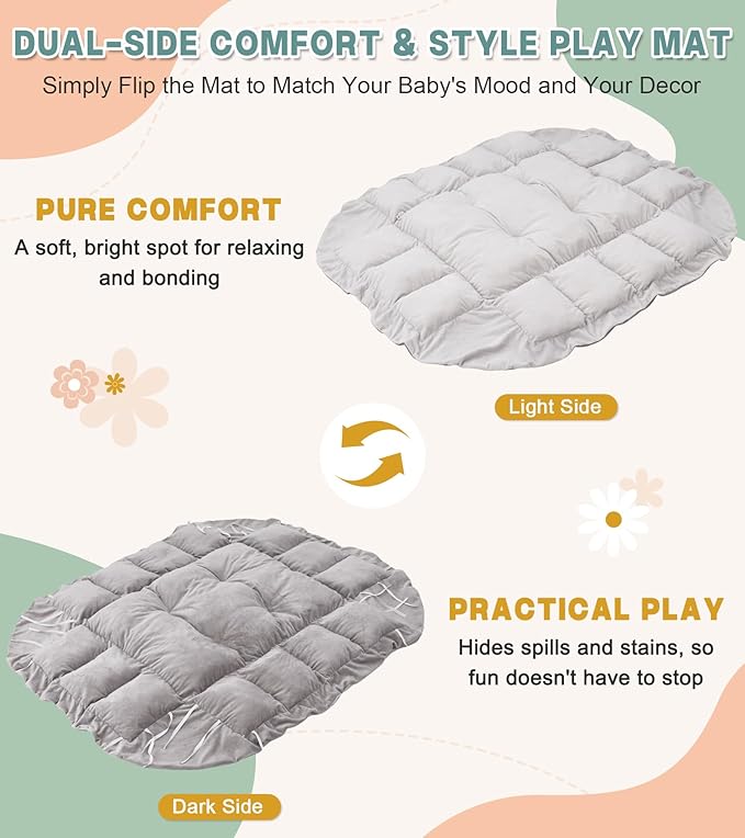 5-in-1 Baby Play Gym and Tummy Time Mat, Tummy Time Pillow & 12 Learning Cards, Plush Activity Mat with 6 Toys, Baby Gym, Convertible to Ball Pit, Baby Gift, Grey