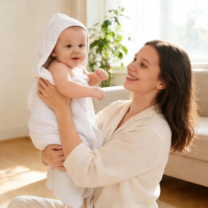 Sunny zzzZZ Muslin Hooded Baby Bath Towels - 3 Pack 100% Cotton Soft Low-Saturation Pastel Towels Including Classic White for Newborns, Infants, Toddlers - 32x32 Inch - Light Emerald and White