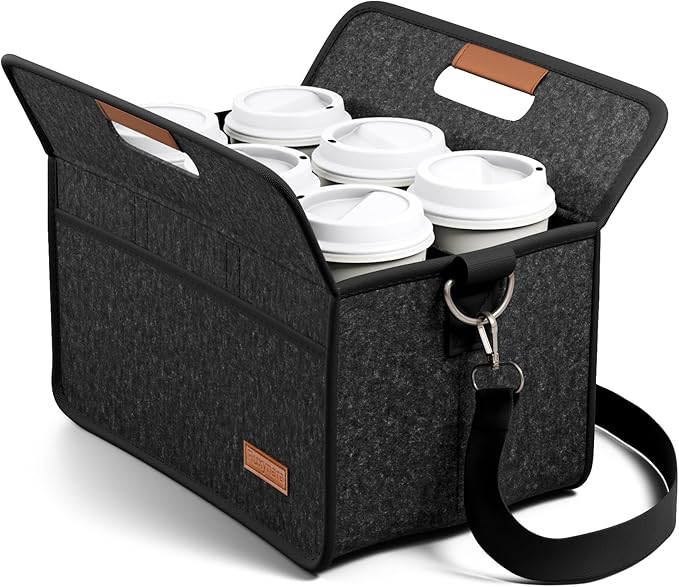 Fluxynara 6-Cup Reusable Felt Drink Carrier with Handle and Adjustable Shoulder Strap, Drink Holder for Car, Multi-Cup Drink Carrier Bag for Delivery, Travel, Picnics (Charcoal Gray)
