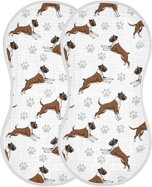 Qinllo 2 Pack Muslin Burp Cloths Boxer Dogs White Cotton Baby Burp Cloths Ultra Absorbent and Soft Spit Up Rags for Newborn Must Haves 22x11 Inch
