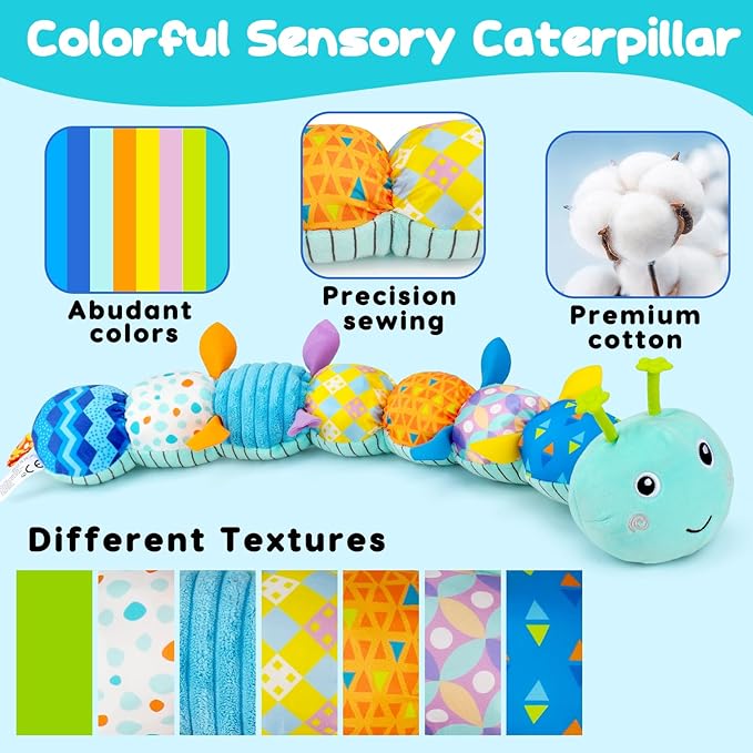 Baby Tummy Time Toys 0-6 Month Musical Stuffed Animal Plush Caterpillar Toy for Infant 6-12 Month Teething Sensory Toy with Crinkle Rattle for Babies 0-3-6 Month Newborn Boy Girl