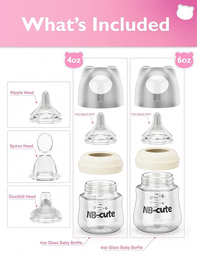 Glass Baby Bottles Anti Colic Set 2 Pack 4oz and 6oz BPA Free Heat Resistant Borosilicate Glass with 3 Silicone Nipples Wide Neck Gift Box Baby Shower Easy to Sterilize for Newborn Infant 0-9 Months