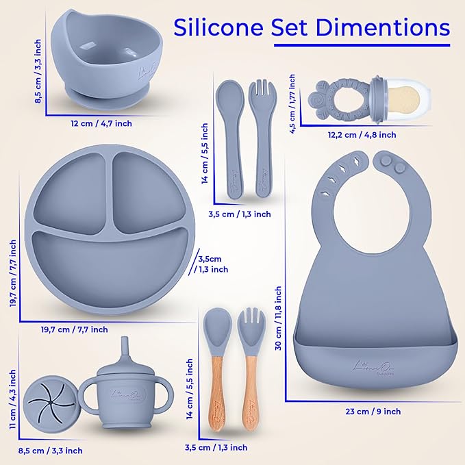 Silicone Baby Feeding Set, 10 Pcs Baby Led Weaning Supplies | BPA-Free Baby Dishes with Toddler Plates and Bowls Set, Silicone Bib, Suction Cup, Baby Spoons & Forks | Empower Independence – Gray