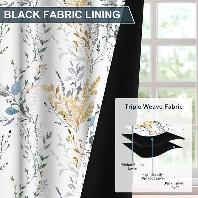 Floral Blackout Curtains 84 Inch Length 2 Panels Set, Patterned Blackout Curtains for Bedroom Grommet Room Darkening Drapes for Living Room, Privacy Soundproof Thermal Curtains for Winter Insulated
