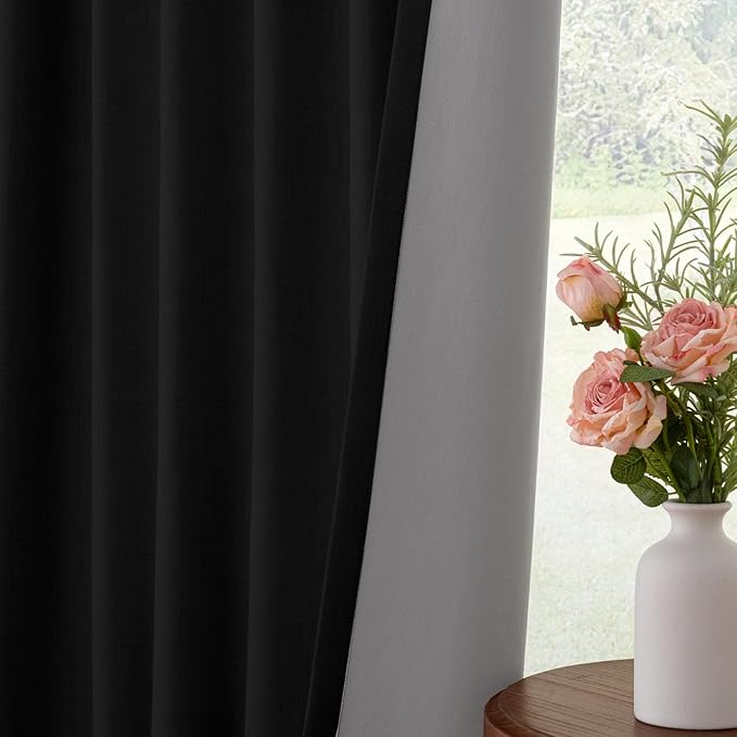 INOVADAY 100% Blackout Curtains for Bedroom, Black Out Curtains 96 Inch Long, Clip Rings Linen Blackout Drapes, Thermal Insulated Room Darkening for Living Room, 2 Panels - Black,W50xL96