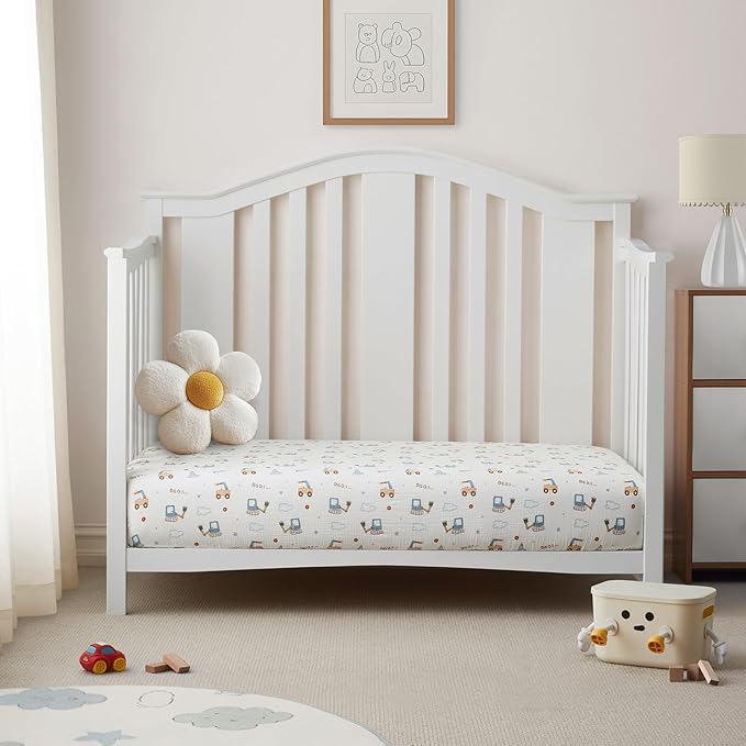 SiinvdaBZX 2 Pack Pack n Play Sheets Boys, Ultra Soft Muslin Cotton Mini Crib Sheets Breathable Toddler Playard Bedding Cover for 38"x27" Portable/Mini Crib Mattresses (2Pcs Construction Trucks)