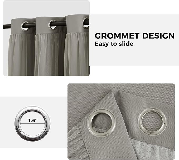 100% Blackout Curtains for Bedroom, Double Layer Grey Curtains, Black Out Curtain 96 inch Long with Sheer Overlay for Living Room, Room Darkening Window Drapes with Grommet, 52" W x 96" L