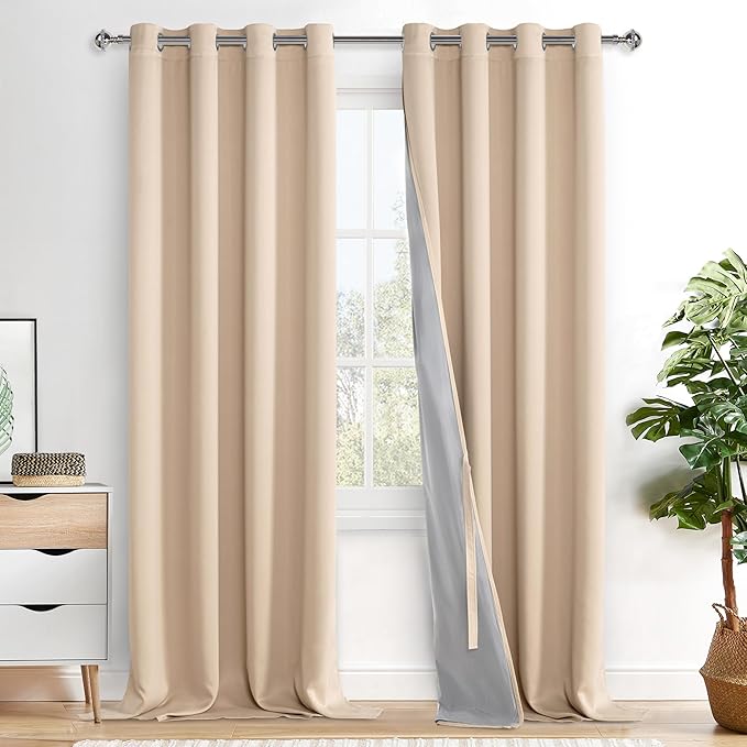 XWZO 100% Blackout Curtain Panels - Double Layer Full Room Darkening and Energy Efficiency Ring Top Window Panels with Tiebacks for Living Room, Biscotti Beige, W52 x L108, Set of 2 Drape