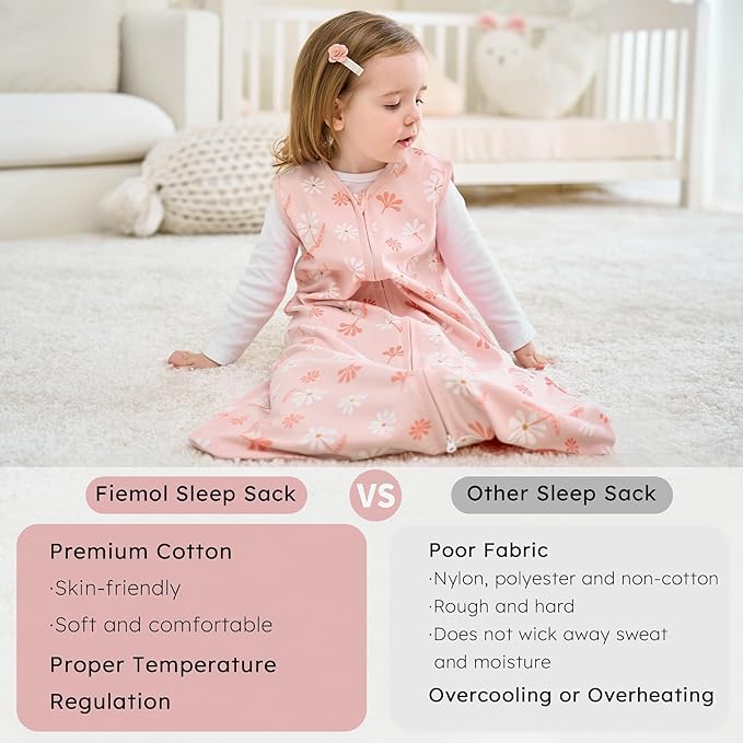 FIEMOL Baby Sleep Sack 0-6 Months, 100% Cotton Sleeping Sack for Newborn and Infant, 3 Pack Baby Wearable Blanket for Boy and Girl, 0.5 Tog Lightweight Double Zipper Sleep Bag Pink Orange Flower