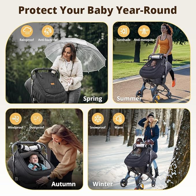 Bioby Waterproof Baby Car Seat Cover, Infant Car Seat Cover for Boy Girl, Roomy Cozy Windproof Sun Protection Baby Carseat Covers Canopy with Breathable Net and Holes, Universal Fitted Black