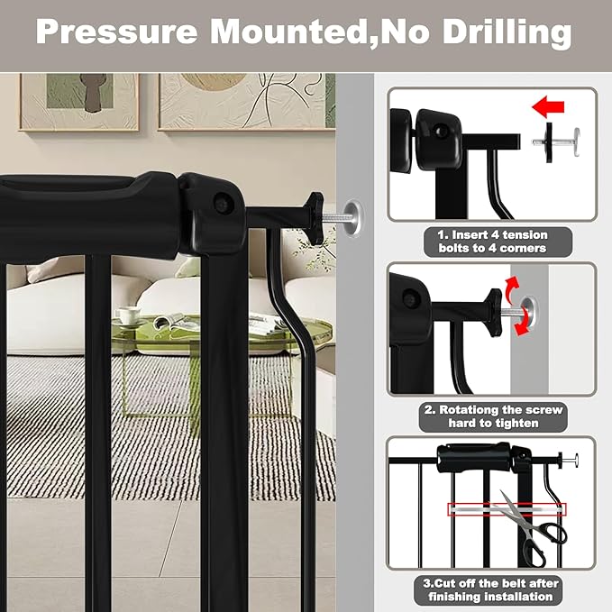 Fairy Baby Walk Through Baby Gate 34-38.5 Inch Wide for Stairs, Pressure Mounted Safety Gate with Door No Drill, Tension Metal Gate for Dog and Toddler, Black