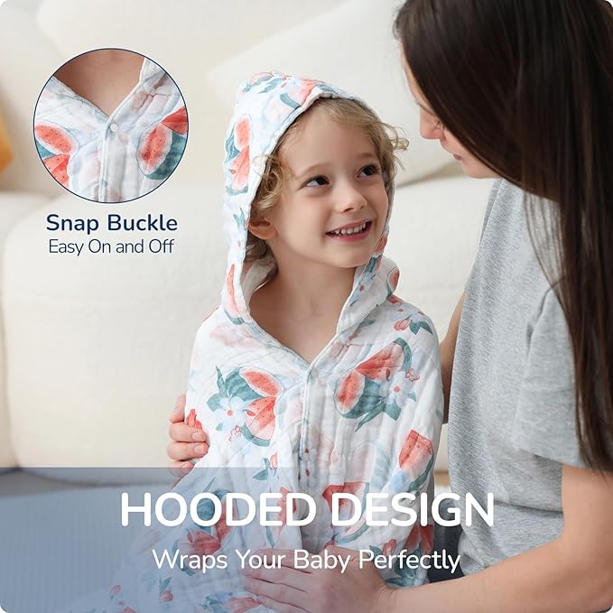 Toddler Hooded Bath Towels,100% Cotton Muslin Baby Towels for Boys Girls,Ultra Soft & Absorbent Quick Dry Kids Towel for Beach,Pool,Bathroom,Large 43x43 Inch