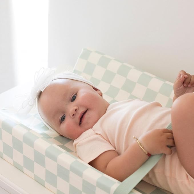 Tiny Twinkle Diaper Changing Pad for Dresser & Nursery Table – Waterproof, Wipeable & Mess-Proof Baby Changing Pad with Safety Strap, Non-Slip Base & Removable Washable Cover(Sage Checkers)