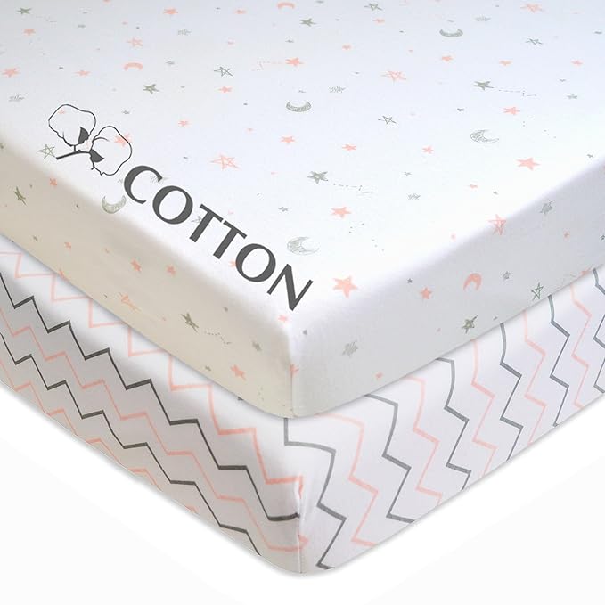 American Baby Company 2 Pack 100% Natural Cotton Fitted Mini Crib Sheets 38" x 24" - Soft & Breathable Small Nesting Portable Sheets, Fits Pack N Play Mattresses, Pink Stars/Zigzag, for Boys & Girls