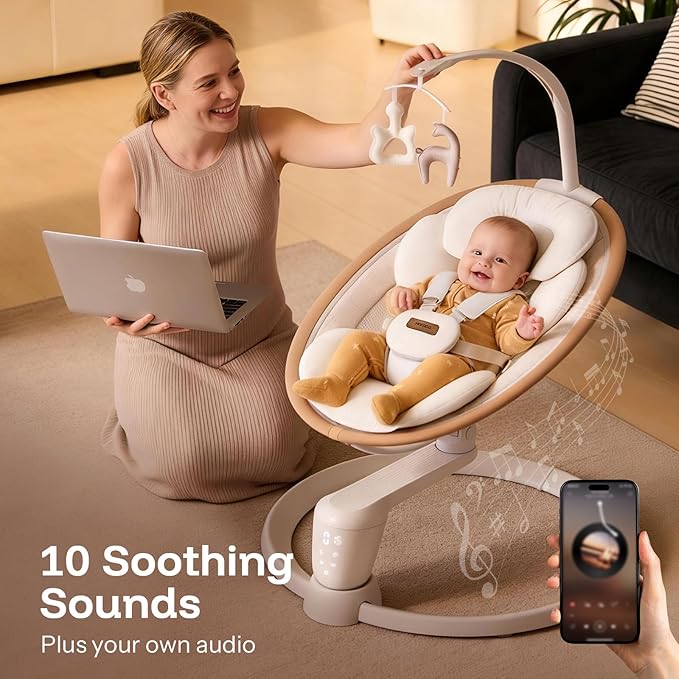 HARPPA Electric Baby Swing for Infants 0–6 Months, Baby Swing with Toy Bar and Sounds, Remote Control, 5 Speeds, 2 Seat Positions & 180° Rotation for Indoor Use, Warm Sand