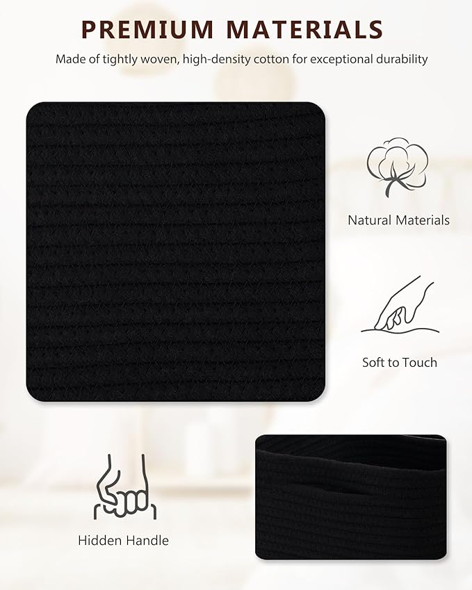 Cube Storage Bin 11" x 10.5" x 10.5" Cotton Rope Basket Square Woven Storage Basket for Shelves, Closet Organizer, Soft Towel Sock Basket, Black, 2 Pack