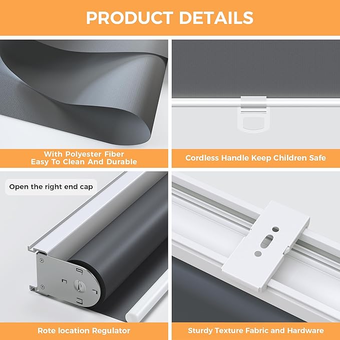 Cordless Roller Shades Blackout Blinds for Windows Room Darkening Rolled Up Shades with Spring System, UV Protection Window Shades Door Blinds for Home and Office (Grey, 34" W x 72" H)