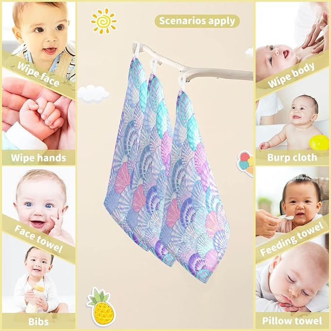 vvfelixl Baby Washcloths Cotton Sea Shell Mermaid Scales Muslin Ocean Soft Face Towel for Newborn Infants Wipes, 11.8 X 11.8 Inch, 3 Pack Pink
