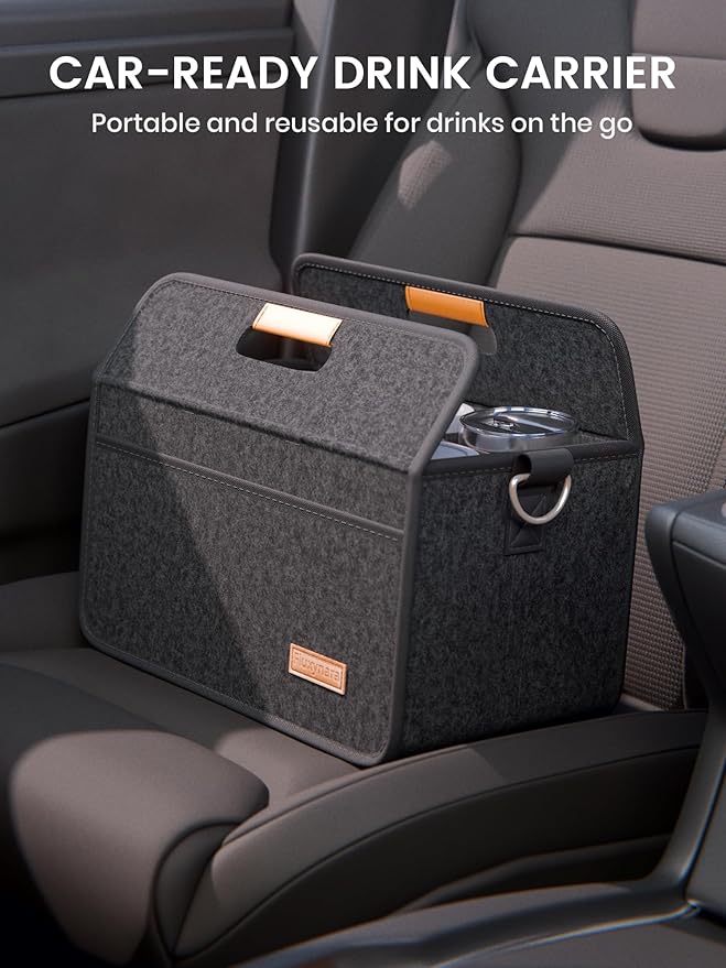 Fluxynara 6-Cup Reusable Felt Drink Carrier with Handle and Adjustable Shoulder Strap, Drink Holder for Car, Multi-Cup Drink Carrier Bag for Delivery, Travel, Picnics (Charcoal Gray)