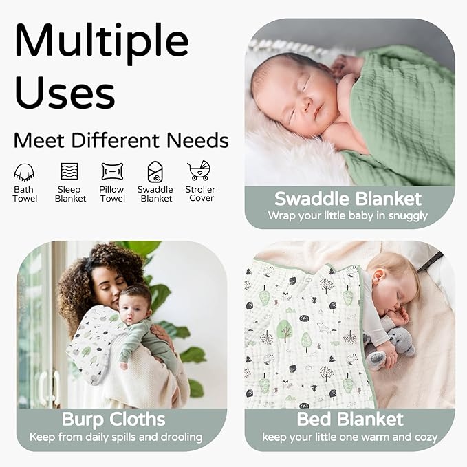 Yoofoss Hooded Baby Towels for Newborn 2 Pack 100% Muslin Organic Cotton Baby Bath Towel with Hood for Babies, Infant, Toddler and Kids, 32x32Inch, Soft and Absorbent Newborn Essential,Forest