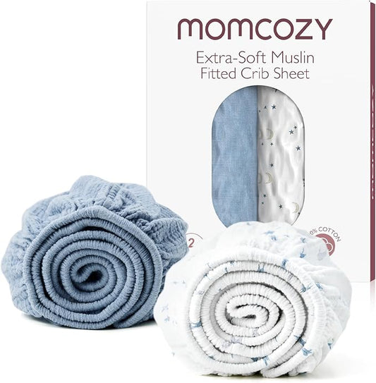 Momcozy Muslin Mini Crib Sheets Fitted - 38''x26'' Pack and Play Sheets for Pack N Play Mattress, 2 Pack Soft & Breathable Natural Cotton Non Slip Bed Cover for Boys, Girls, Blue Star Moon