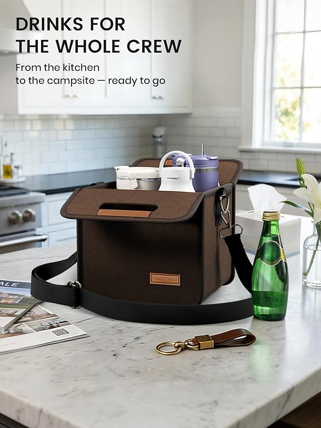 Fluxynara 4-Cup Reusable Felt Drink Carrier with Handle and Adjustable Shoulder Strap, Drink Holder for Car, Multi-Cup Drink Carrier Bag for Delivery, Travel, Picnics (Coffee Brown)