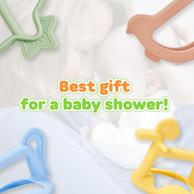MOYUUM Wrist Teether Gift Set 100% Silicone, Wearable Type Baby Chew Toy Baby Gift for Newborn Roly Poly Toy Silicone Teething Toys for Infant and Toddler Bracelet Type (Star Coral Beige, Pony Yellow)