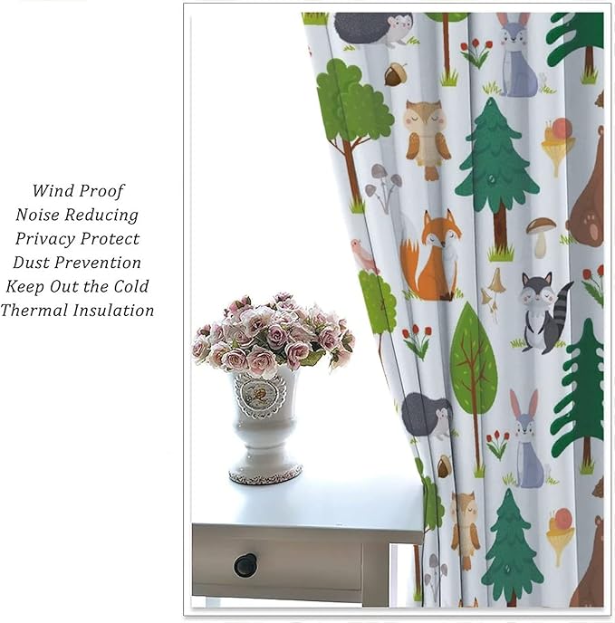 Kids Blackout Curtains ，Grommet Thermal Insulated Room Darkening Printed Summer Forest Cute Wildlife Animal and Forests Floral Cartoon Nursery Bedroom 42x63inch(107x160cm), White-style4