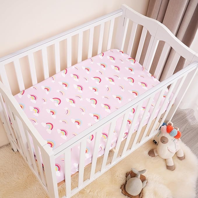 david's kids 3 Pack Mini Crib Sheets, Soft Breathable Premium Pack N Play Sheets for Baby Girls Neutral, Playard and Mini Crib Mattresses, Rainbow