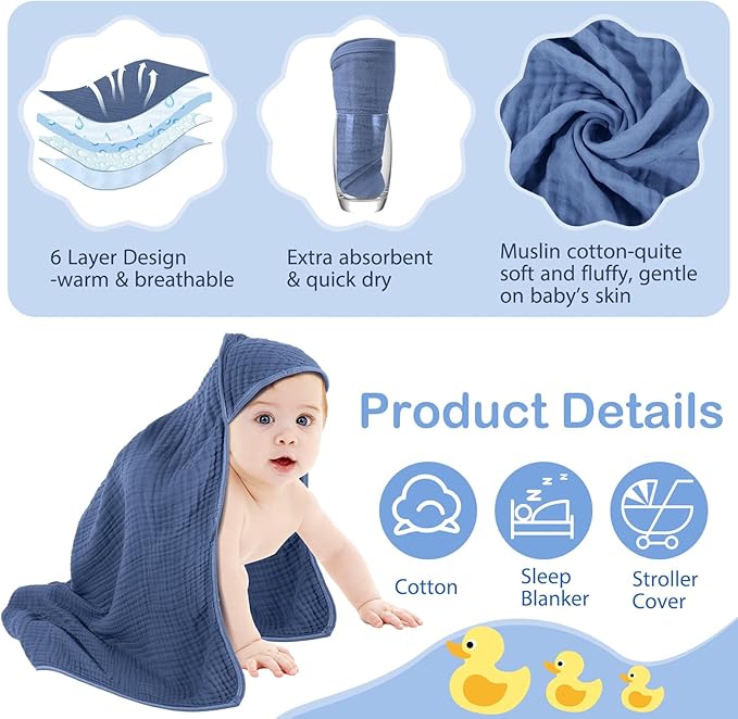 Peryiter 6 Pcs Muslin Hooded Baby Towels 32x32inch Cotton Newborn Bath Essentials Muslin Infant Blankets Absorbent Registry Baby Shower Present for Babies Girl Boy Kids (Green Series)