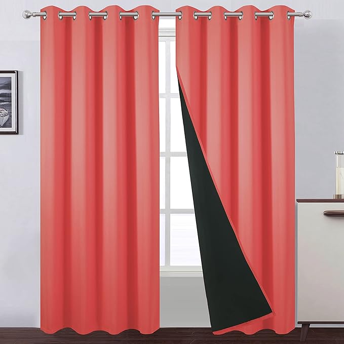 LEMOMO 100% Blackout Curtains 52 x 84 Inch/Coral Curtains 2 Panels with Black Lining Room Darkening Thermal Insulated Bedroom Curtains