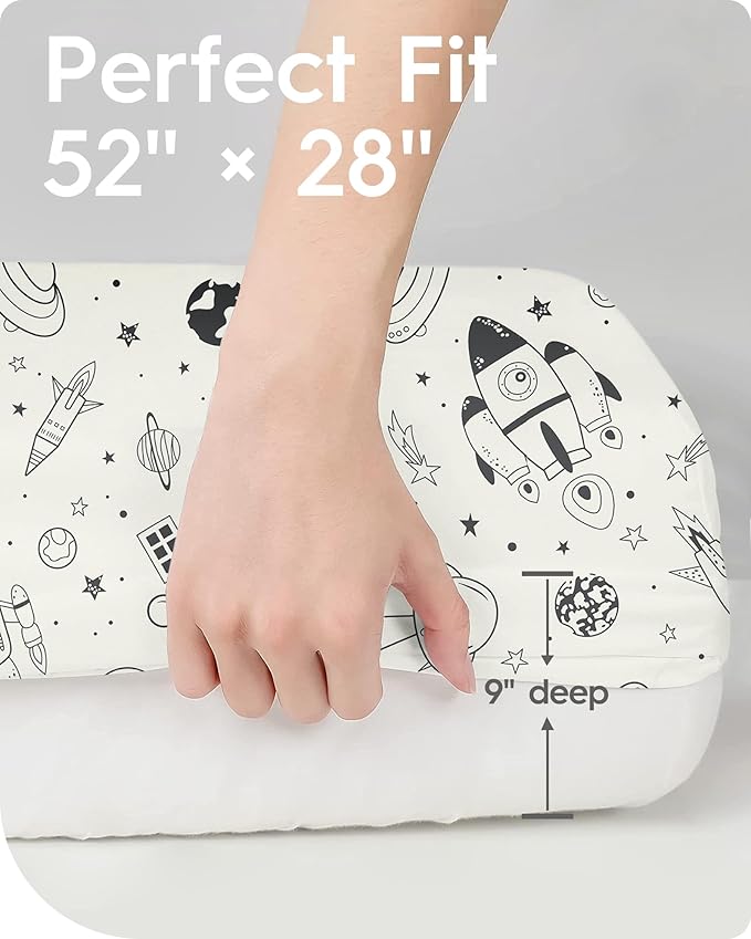 TOTBASIC Crib Sheet for Boy Girl, Premium Soft Jersey Knit Fitted Crib Sheet, Safe and Snug, Durable, Stylish Crib Sheet, 28''x52''x9'' Extra Deep Pocket, Night Space