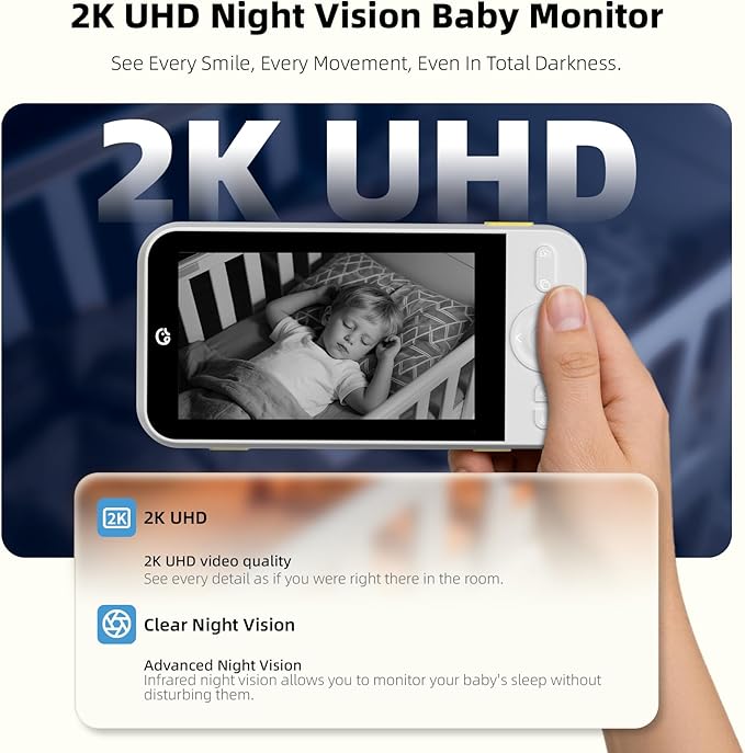Ellie Pro Baby Monitor with 2 Cameras,5'' IPS 2K UHD Resolution,6000mAh Battery, Remote Pan-Tilt-5X Zoom, 2-Way Talk,No WiFi, Night Vision, Virtual Fence and 1000ft Range