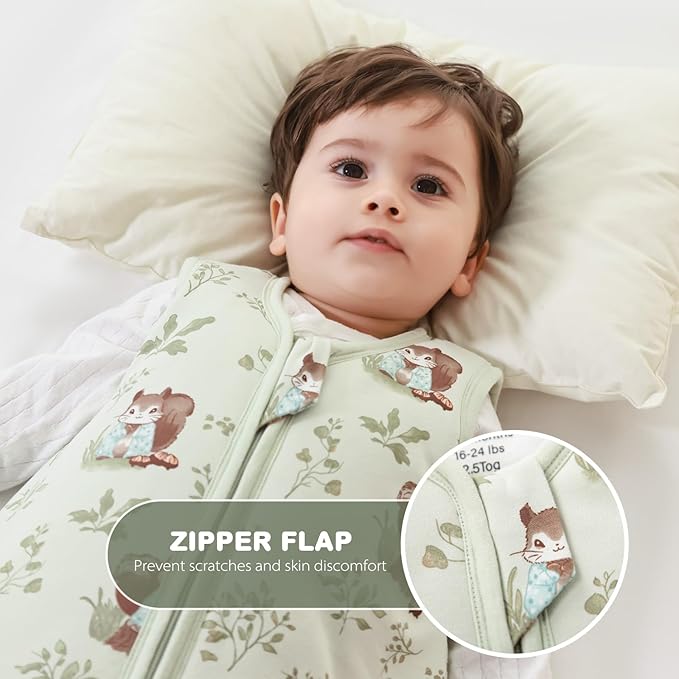 Mosebears Sleep Sack Baby Winter Wearable Blanket with 2-Way Zipper,2.5 TOG Cotton Sleep Sack Unisex(Green Animal,0-6 Months)