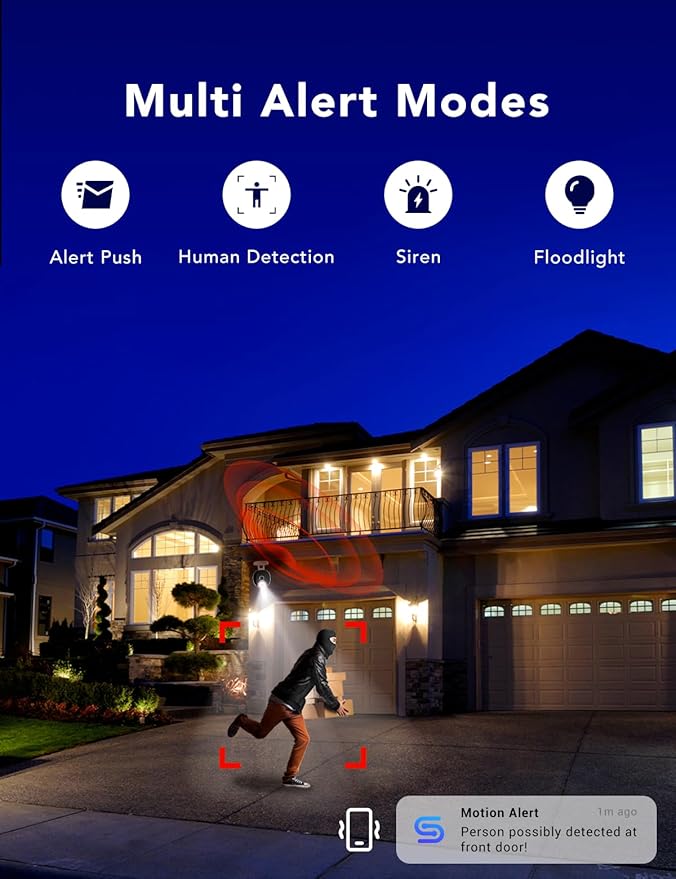 2K Security Camera, Outdoor/Indoor for Home, Pet, Baby, Nanny, IP65 Waterproof Color Night Vision, White Light & Siren, Recording, Motion Detection, Compatible with Alexa, White-4P