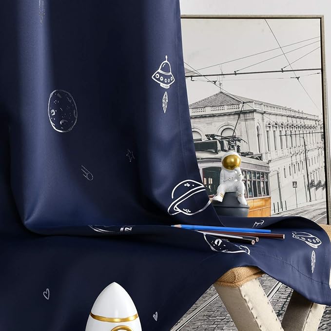 Vangao Navy Blue Kids Curtains for Boys Bedroom Space Theme Blackout Curtains for Kids Nursery Girls Room 63 Inches Length Silver Foil Print Drapes Grommet Top Window Treatments Set 2 Panels