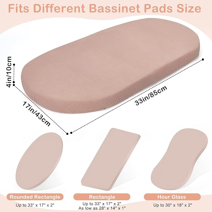 Basumee Muslin Bassinet Sheets for Baby Girl Boy 2 Pack Soft Breathable Baby Bedside Bassinet Fitted Sheets with Bottom Elastic Band 33''x17''x4'' Mattress Cover for Rectangle Oval Hourglass Bassinets