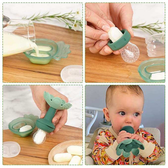 Haakaa Flower Baby Fresh Fruit Food Feeder with Mini Freezer Nibble Tray, Breastmilk Popsicle Mold for Baby Cooling Relief, Food Grade Silicone Baby Mesh Feeder for Infants 4M+ (PeaGreen)